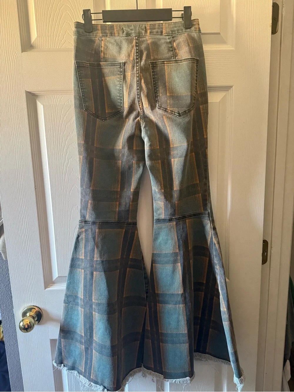 Free People Blue Plaid Wide Leg Flare Jeans - Picture 3 of 4